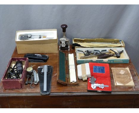 Various engineering and draughtsman's tools and equipment to include dial test indicators, Moore and Wright square, slide rul