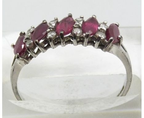 A 9ct white gold ring set with marquise cut rubies and diamonds, 1.9g, size K