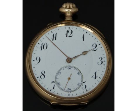 International Watch Company 14ct gold keyless winding open faced pocket watch with inset subsidiary seconds dial, gold hands,