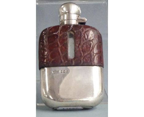 George V hallmarked silver and leather covered glass hip or spirit flask with bayonet cap and pull off cup, Sheffield 1928 ma