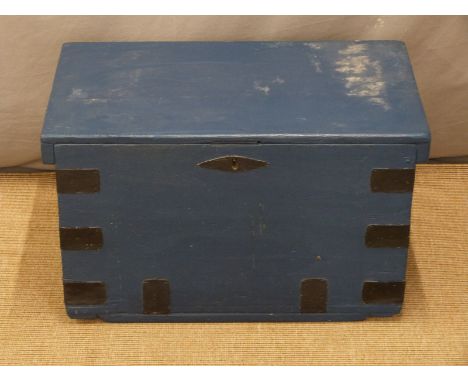 Metal bound 19thC painted wooden trunk, width 65cm