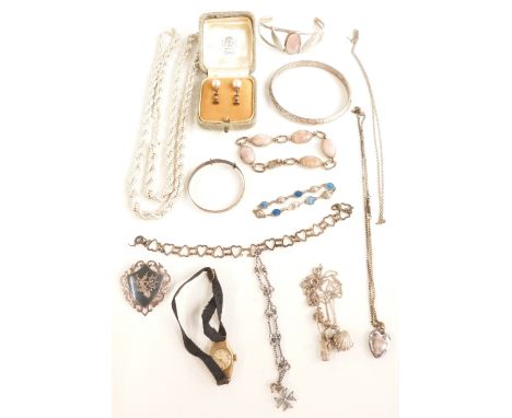 A collection of silver jewellery including bangle, necklaces, locket, Lotus pearl earrings, 9ct gold watch etc&nbsp;