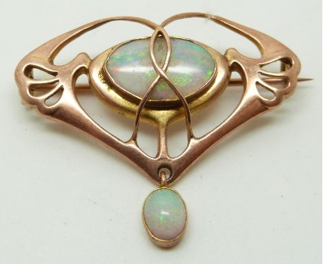 Art Nouveau/ Arts &amp; Crafts 9ct gold brooch set with two opal cabochons by Barnet Henry Joseph&nbsp;
