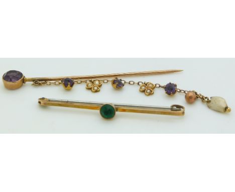 Edwardian stick pin set with amethysts and seed pearls and a 9ct gold brooch&nbsp;