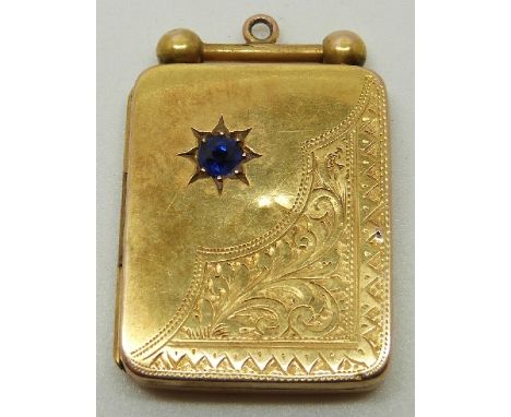 Art Deco 15ct gold rectangular locket set with a sapphire in a star setting and with engraved foliate decoration, by J A &amp