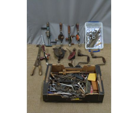 Vintage tools including spanners, tap and dies set hand cranked grindstone, drills, drill bits, braces etc