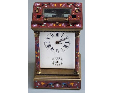 Late 19th/ early 20thC brass carriage clock with enamelled decoration to case and pillared corners, enamel Roman dial with Ar