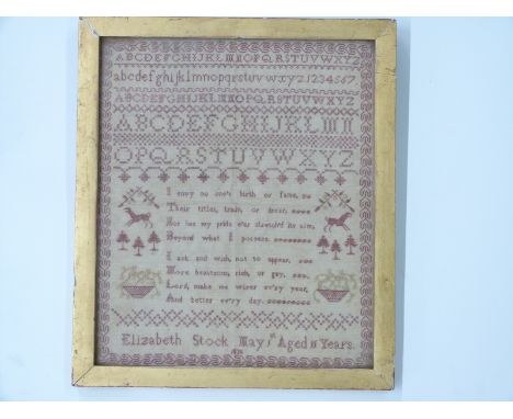 An early 19thC sampler of alphabet and verse by Elizabeth Stock, May 1st 1938, aged 11 years, 30 x 25cm.