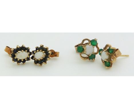 Two pairs of 9ct gold earrings, one pair set with an opal and emerald and the other with opal and sapphires