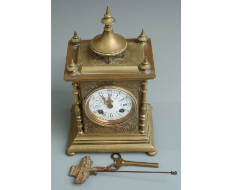 French brass cased two train mantel clock with enamel painted dial, 29cm tall&nbsp;&nbsp;