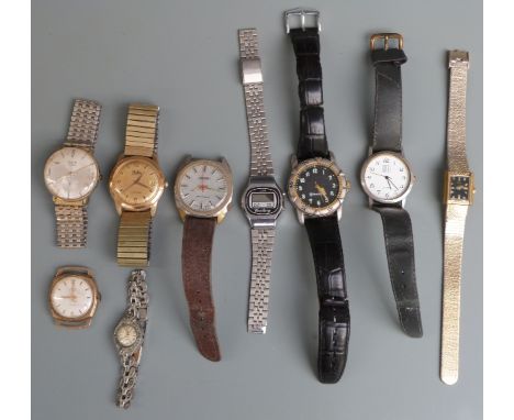 Nine ladies and gentleman's wristwatches including a 9ct gold Avia with cushion shaped case, MuDu doublematic, Timex etc&nbsp