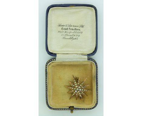 Victorian starburst brooch/pendant set with seed pearls in vintage jewellery box