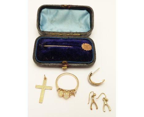 A 9ct gold cross, 9ct gold ring, pair of 9ct gold earrings and a 9ct gold stick pin in original box, 4.7g