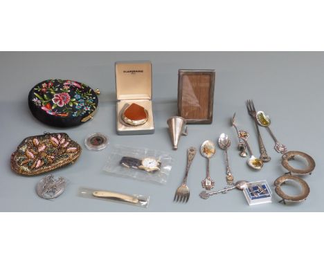 A collection of bijouterie items including four hardstone dishes, Chinese embroidered bag, silver plated photograph frame etc