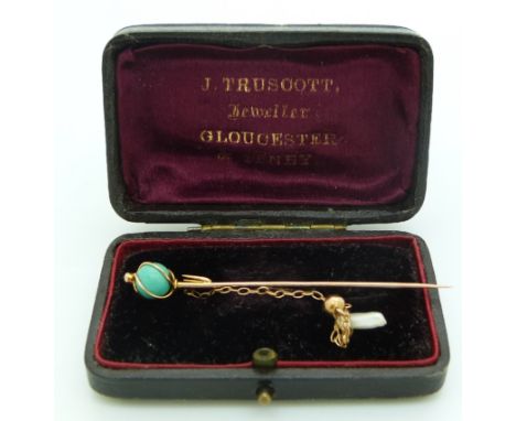 A 9ct gold stick pin set with a turquoise sphere and a drop section set with a pearl, in vintage box