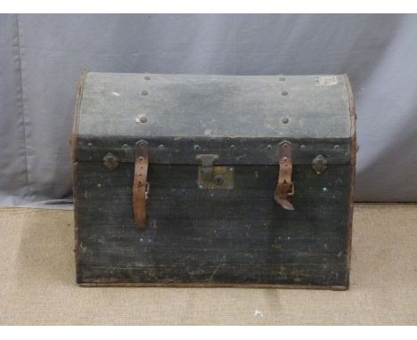 Vintage dome topped travelling trunk with railway labels including Glasgow and South Western, Midland etc length 75cm