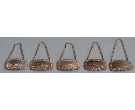 Set of five hallmarked silver bottle tickets or labels comprising sherry, whisky, port, brandy and gin, various dates circa l