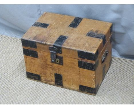 Metal bound pine trunk with handles to end, W45 x D33 x H31cm
