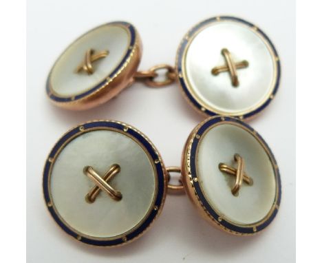 A pair of 9ct rose gold cufflinks set with mother of pearl and an enamel border, 6.1g