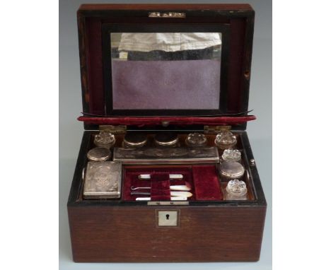 Victorian rosewood inlaid gentleman's travelling vanity box with drawer under and fitted interior, with contents including cu