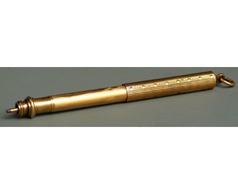 Mordan &amp; Co. 9ct gold extending telescopic pencil, the engine turned body with ring end, extending to reveal three part b