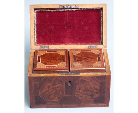 Georgian mahogany and parquetry inlaid tea caddy, the lid opening to reveal two similarly decorated compartments, overall wid