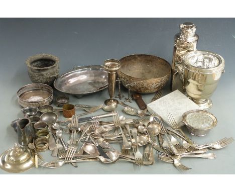 Silver plated ware to include faceted thermos type flask, cutlery, bowls etc