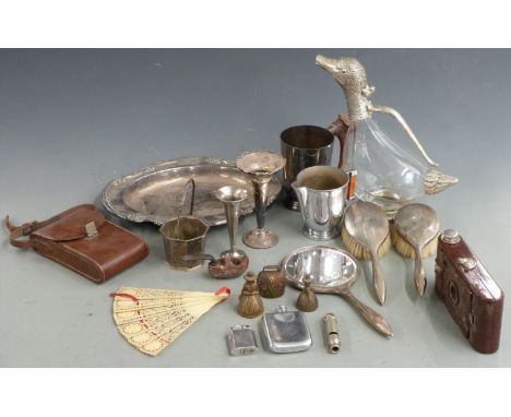 Hallmarked silver mounted dressing table set, plated figural novelty duck claret jug, vintage cameras etc.