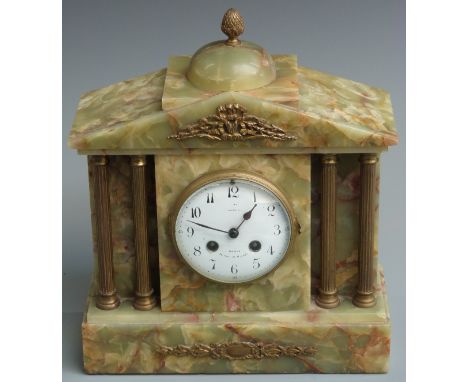 Late 19th/ early 20thC&nbsp;French architectural green onyx mantel clock, the numbered movement by Japy Freres striking on a 