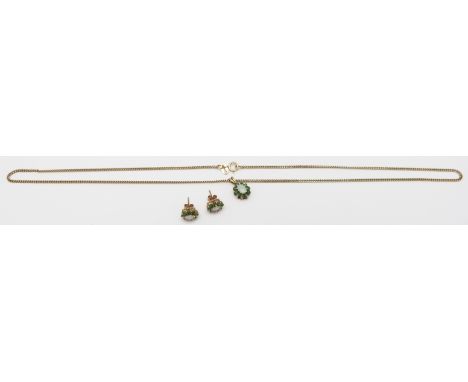 A 9ct gold necklace set with an opal and emeralds, with matching earrings, 7.6g