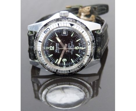 Sicura Rallye GT gentleman's world timer diver's wristwatch with date aperture, luminous hands and hour markers, black dial, 