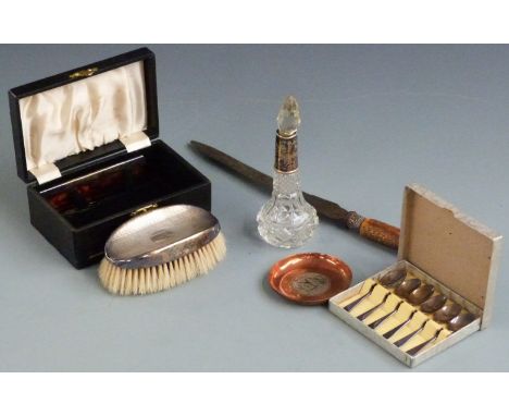 Cased set of six hallmarked silver coffee or teaspoons, weight 43g, cased hallmarked silver mounted brush and comb set etc&nb