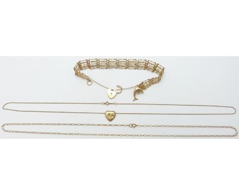 A 9ct gold gate bracelet and two 9ct gold necklaces, 10.0g