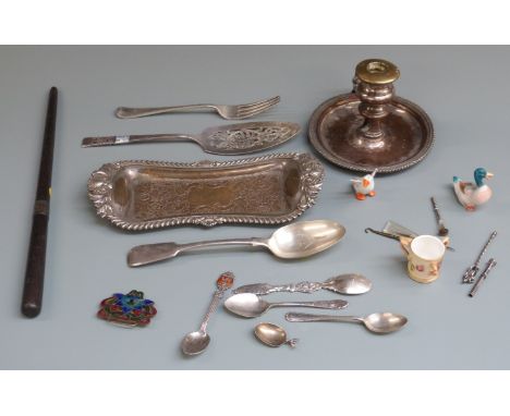 Collection of bijouterie items including guilloché enamel and white metal pill box, plated ware including chamber stick, Roya