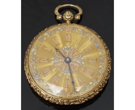 Joseph Penlington 18ct gold open faced pocket watch with blued hands, applied gold Roman numerals, applied silver and copper 
