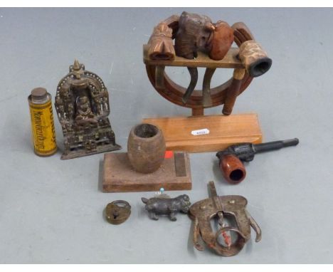 Lister Wood Craft teak matchholder made from wood of HMS Terrible, novelty pipes in a rack including one formed as a revolver