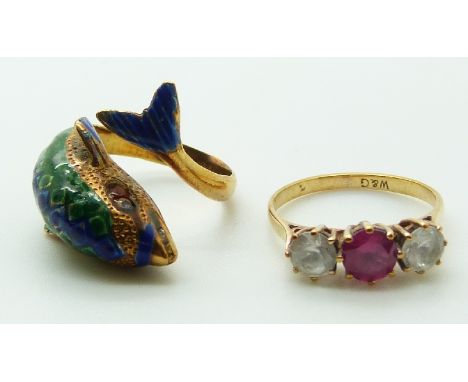 A yellow metal ring in the form of a dolphin set with enamel and a 9ct gold ring set with paste, 7.3g
