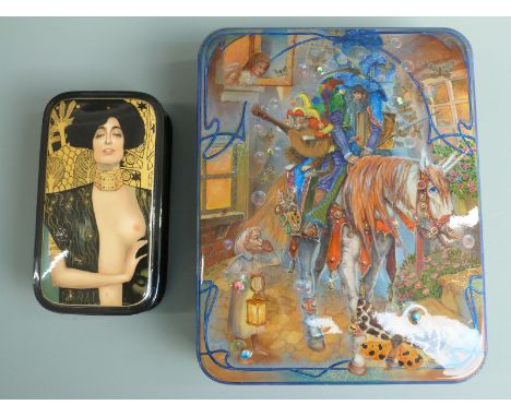 Two Russian lacquer boxes, one depicting a nude lady in the style of a Klimt portrait (approximately 7cm x 12.5cm x 3cm), the