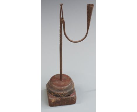 Georgian wrought iron and wooden rush light holder, height 35cm