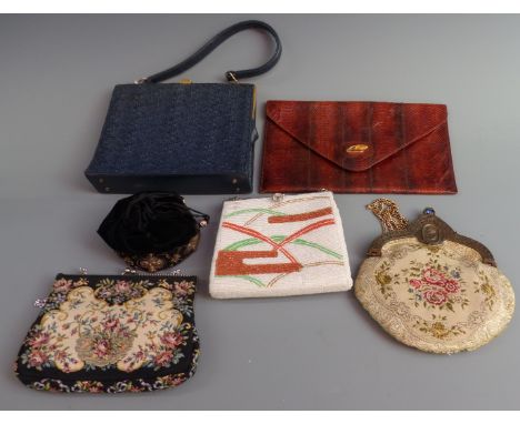 A collection of bags including vintage bead-work example, Spanish alligator skin clutch, ladies evening purse etc.