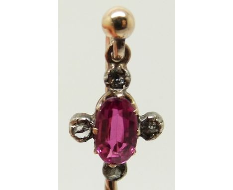 Victorian stick pin set with an oval pink sapphire and rose cut diamonds