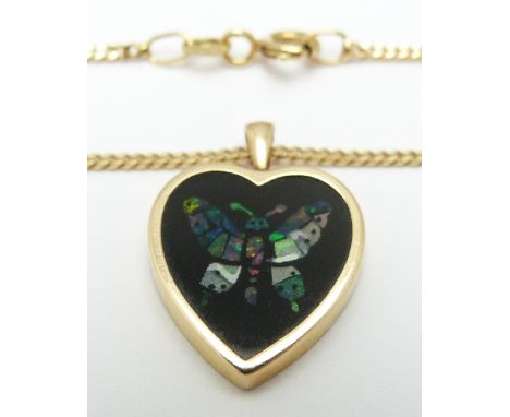 A 14ct gold heart pendant set with opal mosaic on a 9ct gold chain, 3.8g