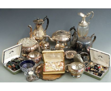 Silver plated ware to include tea set, salt, pewter flask, claret jug or ewer, hallmarked silver hand mirror, vintage buttons