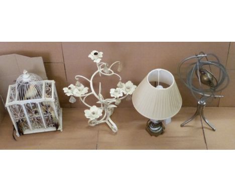 Quantity of treen items including bird cage, candle holder with hanging details, metal orrery and ceramic lamp.