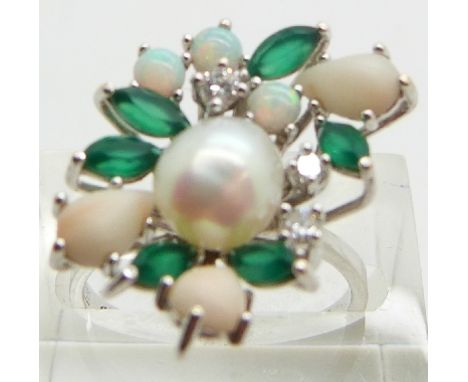 An 18ct white gold ring set with a pearl, marquise cut chrysoprase, round opal cabochons, pear cut coral cabochons and three 