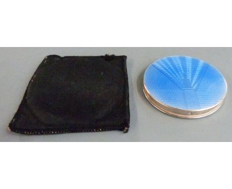 Art Deco hallmarked silver and blue guilloché enamel powder compact, Birmingham 1945 maker&nbsp;Henry Clifford Davis, diamete