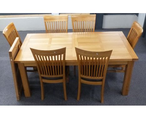 Modern light oak extending dining table and six chairs, unextended 180 x 95 x 76.5cm, chair height 102cm