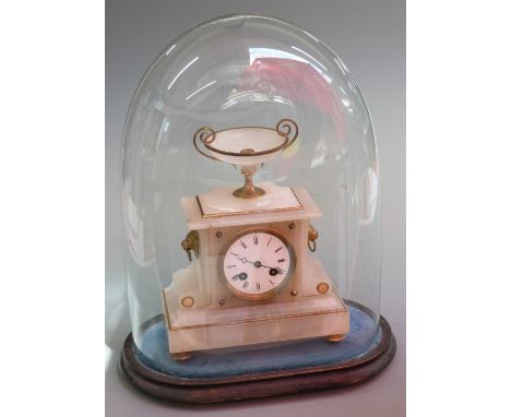19thC alabaster mantel clock on base with glass dome, the clock 27cm, dome 39cm&nbsp;