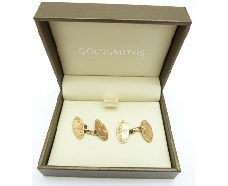 A pair of 9ct gold cufflinks with engraved decoration by JA &amp; S, Birmingham 1905, 3.8g