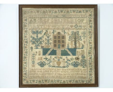 A 19thC tapestry sampler depicting alphabet and prayer for Catherine Greenfield, 1842, aged 12, 32 x 32cm